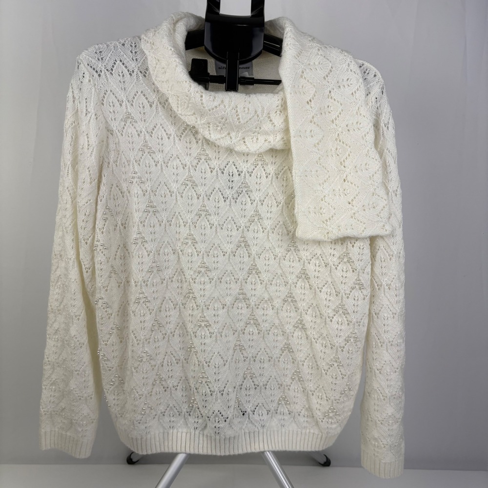 Alfred Dunner Ivory Loose‎ Cable Knit Pearl Beaded Cowl Neck Sweater XL